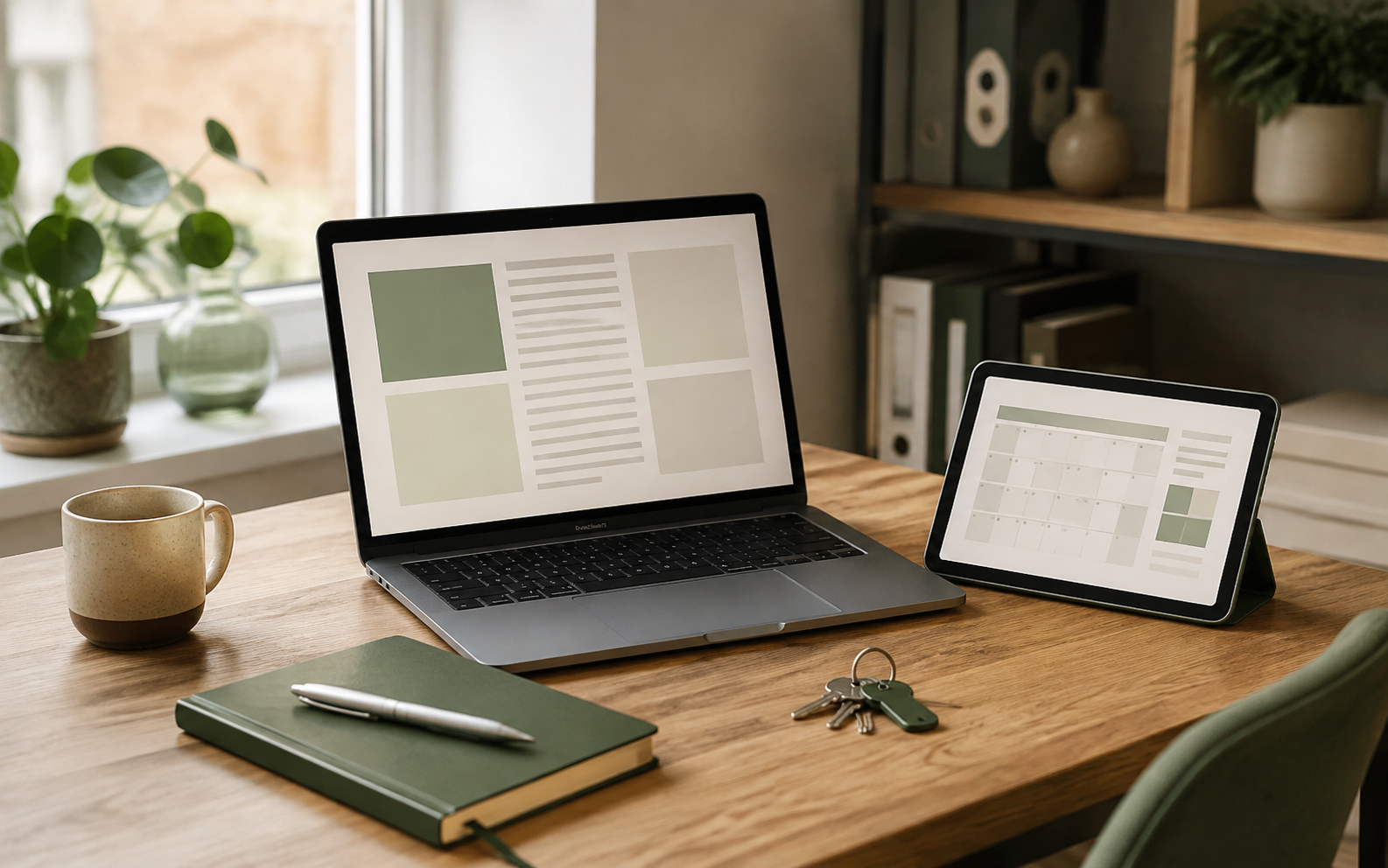 A professional workspace with documents, calendar and property keys